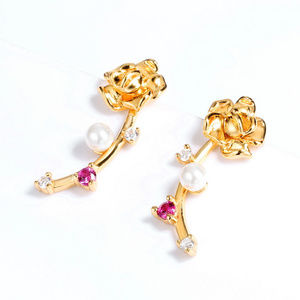 Rose Pearl Ruby Earrings Flower gold Earrings Gift